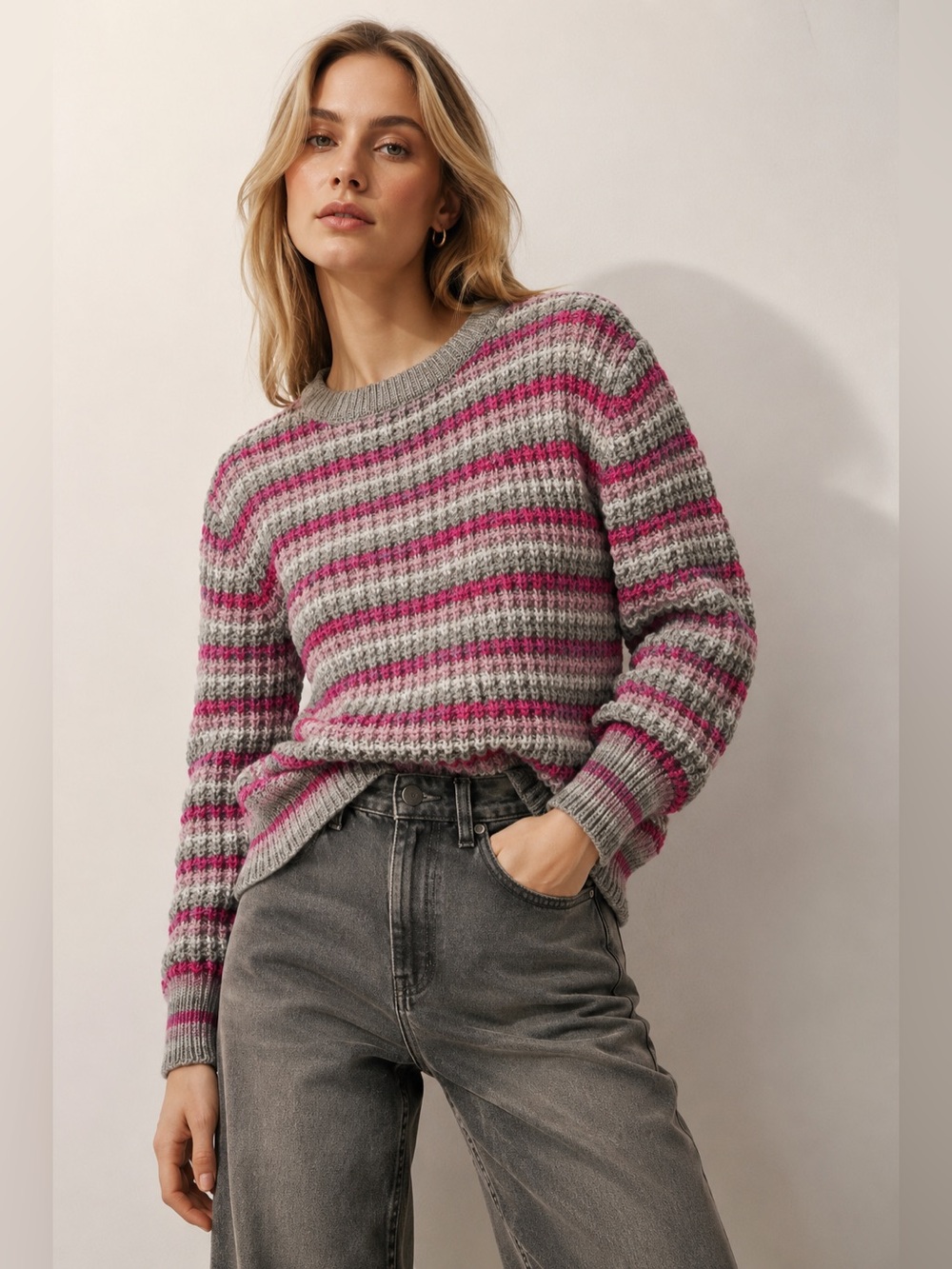 Eye Poppers Grey & Pink Striped Knit Sweater – Approx. Large